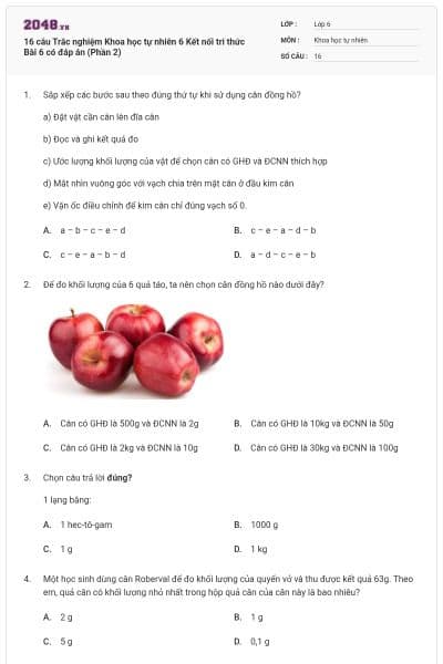 16 câu Trắc nghiệm Khoa học tự nhiên 6 Kết nối tri thức Bài 6 có đáp án (Phần 2)