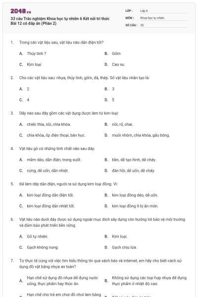 33 câu Trắc nghiệm Khoa học tự nhiên 6 Kết nối tri thức Bài 12 có đáp án (Phần 2)