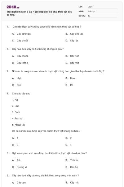 Trắc nghiệm Sinh 6 Bài 4 (có đáp án): Có phải thực vật đều có hoa?