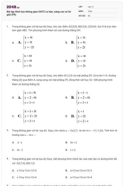 Bài tập Hình học không gian OXYZ cơ bản, nâng cao có lời giải (P8)