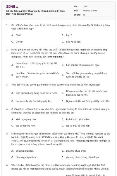 50 câu Trắc nghiệm Khoa học tự nhiên 6 Kết nối tri thức Bài 17 có đáp án (Phần 2)