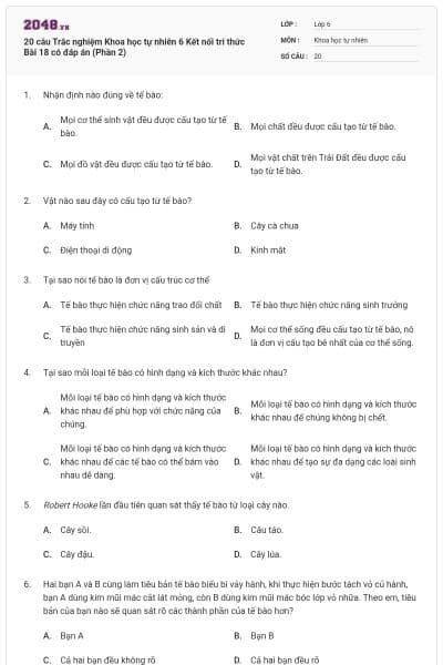 20 câu Trắc nghiệm Khoa học tự nhiên 6 Kết nối tri thức Bài 18 có đáp án (Phần 2)