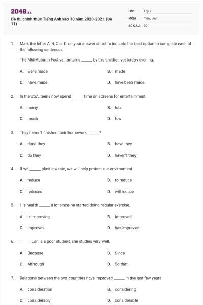 Đề thi chính thức Tiếng Anh vào 10 năm 2020-2021 (Đề 11)