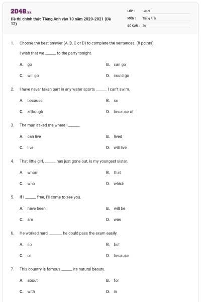 Đề thi chính thức Tiếng Anh vào 10 năm 2020-2021 (Đề 12)