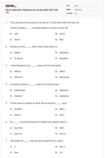 Đề thi chính thức Tiếng Anh vào 10 năm 2020-2021 (Đề 14)
