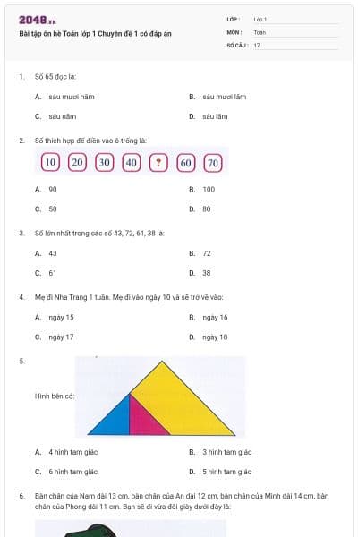 Bài tập ôn hè Toán lớp 1 Chuyên đề 1 có đáp án