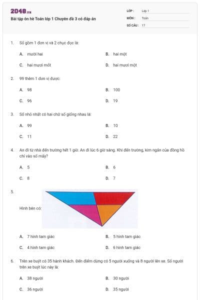 Bài tập ôn hè Toán lớp 1 Chuyên đề 3 có đáp án