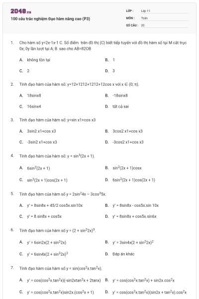 100 câu trắc nghiệm Đạo hàm nâng cao (P3)