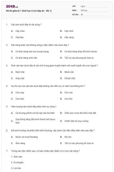 Đề thi giữa kì 1 Sinh học 6 (có đáp án - Đề 1)