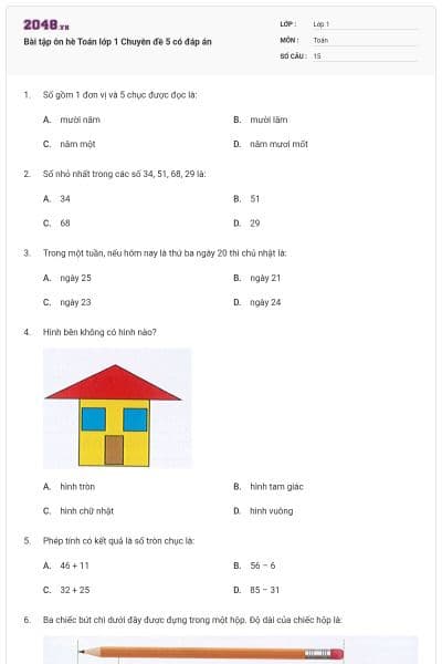 Bài tập ôn hè Toán lớp 1 Chuyên đề 5 có đáp án