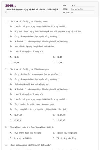 10 câu Trắc nghiệm Động vật Kết nối tri thức có đáp án (Đề 3)