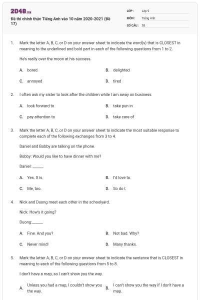 Đề thi chính thức Tiếng Anh vào 10 năm 2020-2021 (Đề 17)