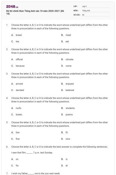 Đề thi chính thức Tiếng Anh vào 10 năm 2020-2021 (Đề 18)