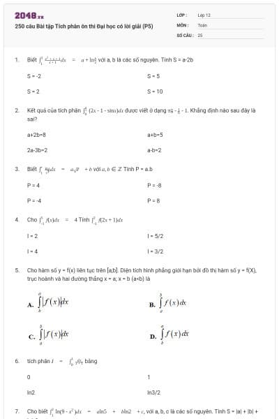 250 câu Bài tập Tích phân ôn thi Đại học có lời giải (P5)