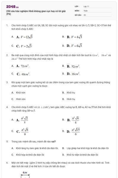 250 câu trắc nghiệm Hình không gian cực hay có lời giải (P6)