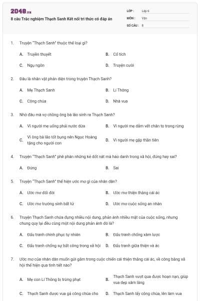 8 câu Trắc nghiệm Thạch Sanh Kết nối tri thức có đáp án