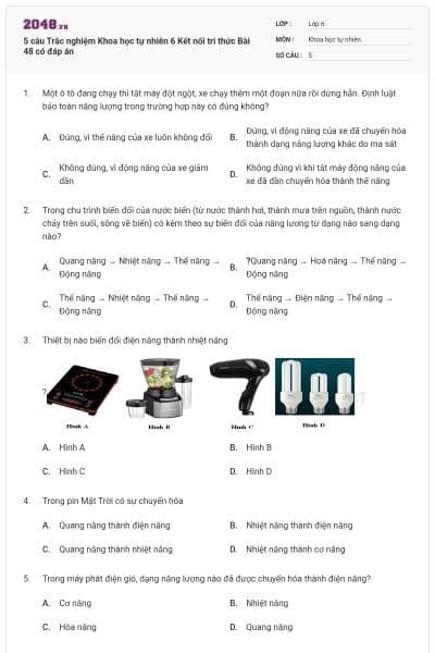 5 câu Trắc nghiệm Khoa học tự nhiên 6 Kết nối tri thức Bài 48 có đáp án