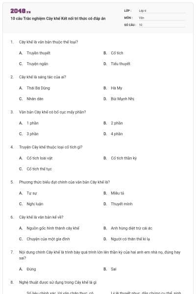 10 câu Trắc nghiệm Cây khế Kết nối tri thức có đáp án