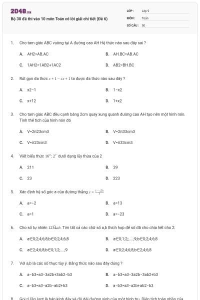 Bộ 30 đề thi vào 10 môn Toán có lời giải chi tiết (Đề 6)