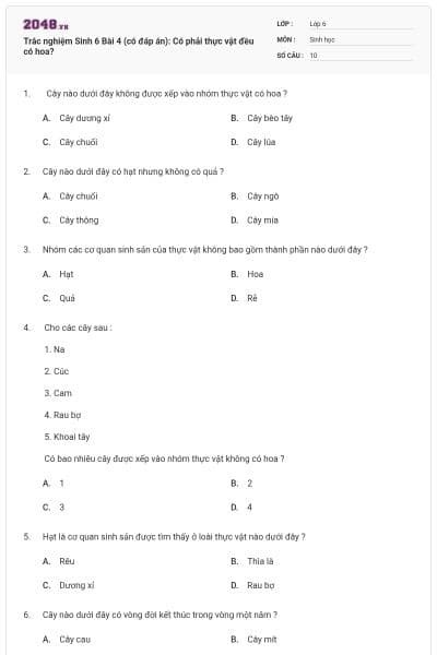 Trắc nghiệm Sinh 6 Bài 4 (có đáp án): Có phải thực vật đều có hoa?