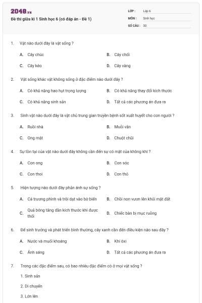 Đề thi giữa kì 1 Sinh học 6 (có đáp án - Đề 1)