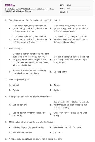 9 câu Trắc nghiệm Viết biên bản một cuộc họp, cuộc thảo luận Kết nối tri thức có đáp án