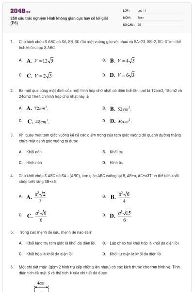 250 câu trắc nghiệm Hình không gian cực hay có lời giải (P6)