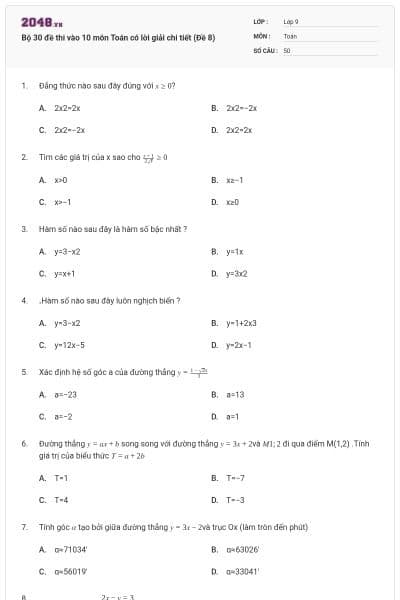 Bộ 30 đề thi vào 10 môn Toán có lời giải chi tiết (Đề 8)