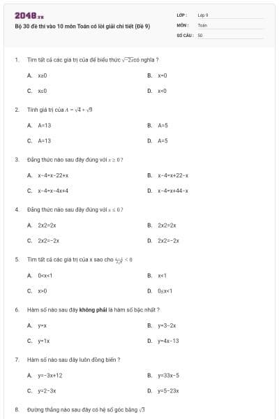 Bộ 30 đề thi vào 10 môn Toán có lời giải chi tiết (Đề 9)