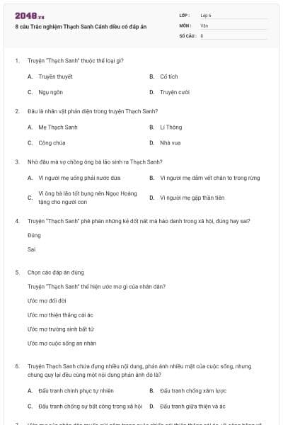 8 câu Trắc nghiệm Thạch Sanh Cánh diều có đáp án