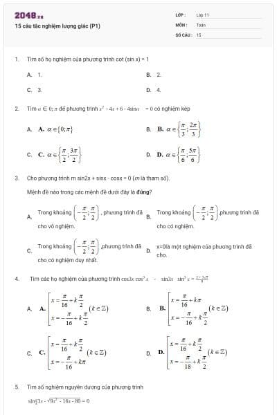 15 câu tắc nghiệm lượng giác (P1)