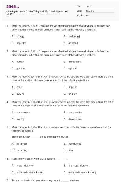 Đề thi giữa học kì 2 môn Tiếng Anh lớp 12 có đáp án - Đề số 17