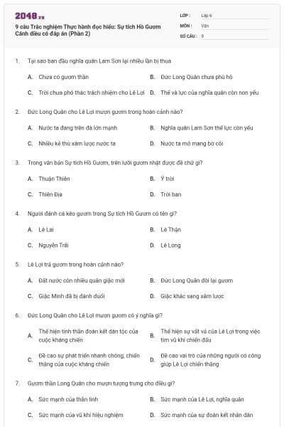 9 câu Trắc nghiệm Thực hành đọc hiểu: Sự tích Hồ Gươm Cánh diều có đáp án (Phần 2)