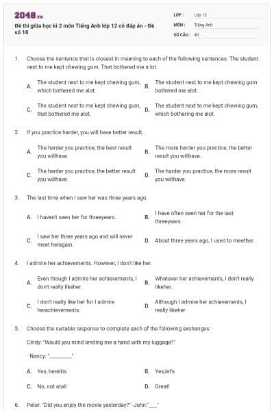 Đề thi giữa học kì 2 môn Tiếng Anh lớp 12 có đáp án - Đề số 18