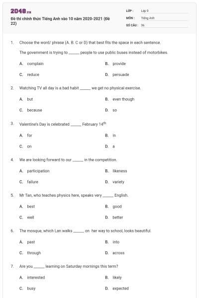 Đề thi chính thức Tiếng Anh vào 10 năm 2020-2021 (Đề 22)