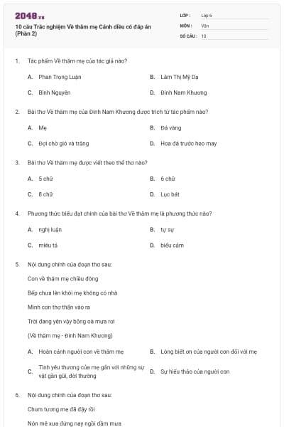 10 câu Trắc nghiệm Về thăm mẹ Cánh diều có đáp án (Phần 2)