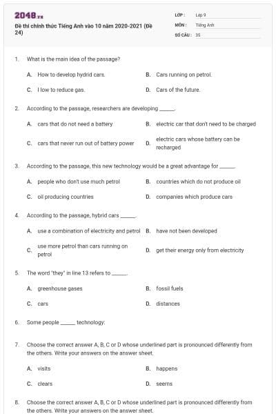 Đề thi chính thức Tiếng Anh vào 10 năm 2020-2021 (Đề 24)