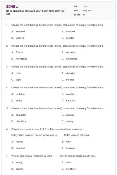 Đề thi chính thức Tiếng Anh vào 10 năm 2020-2021 (Đề 25)