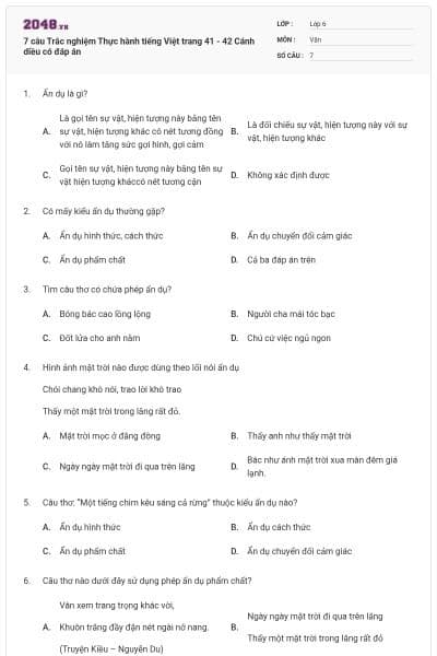 7 câu Trắc nghiệm Thực hành tiếng Việt trang 41 - 42 Cánh diều có đáp án