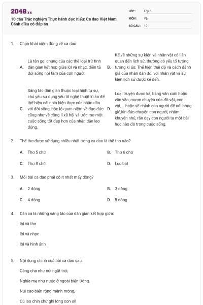 10 câu Trắc nghiệm Thực hành đọc hiểu: Ca dao Việt Nam Cánh diều có đáp án