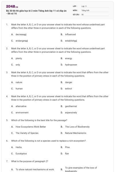 Bộ 30  Đề thi giữa học kì 2 môn Tiếng Anh lớp 11 có đáp án - Đề số 16
