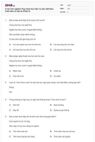 9 câu Trắc nghiệm Thực hành đọc hiểu: Ca dao Việt Nam Cánh diều có đáp án (Phần 2)