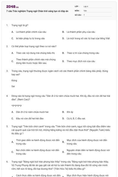 7 câu Trắc nghiệm Trạng ngữ Chân trời sáng tạo có đáp án