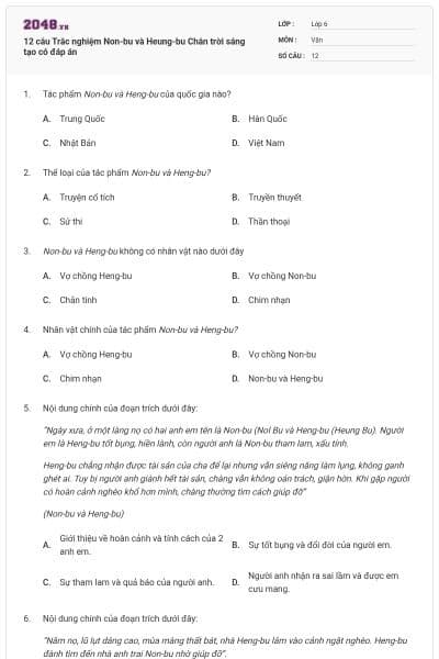 12 câu Trắc nghiệm Non-bu và Heung-bu Chân trời sáng tạo có đáp án