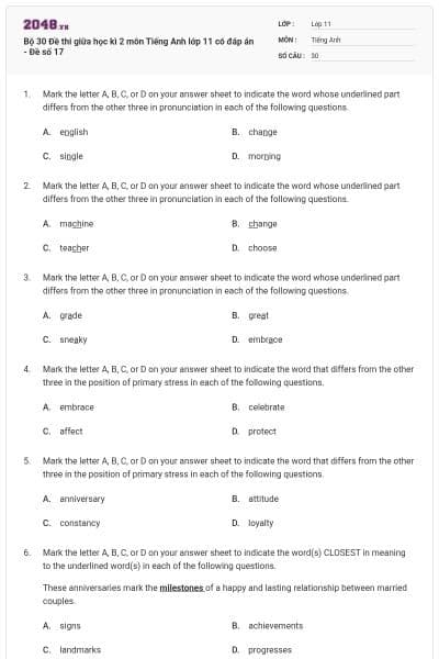 Bộ 30  Đề thi giữa học kì 2 môn Tiếng Anh lớp 11 có đáp án - Đề số 17
