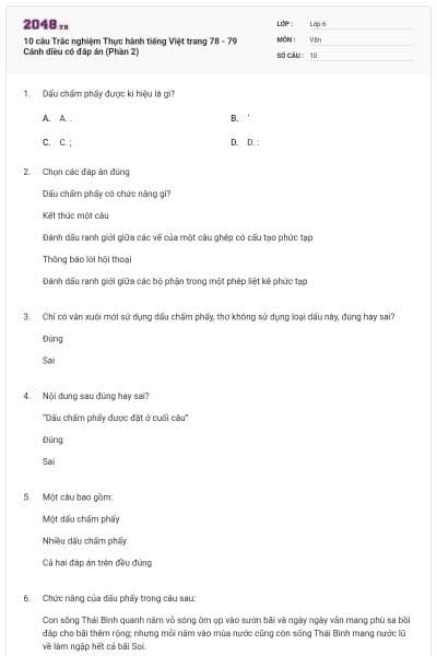 10 câu Trắc nghiệm Thực hành tiếng Việt trang 78 - 79 Cánh diều có đáp án (Phần 2)