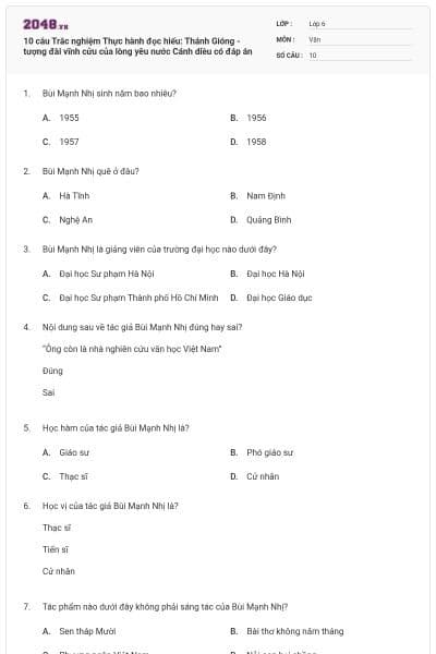 10 câu Trắc nghiệm Thực hành đọc hiểu: Thánh Gióng - tượng đài vĩnh cửu của lòng yêu nước Cánh diều có đáp án