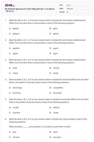 Bộ 30  Đề thi giữa học kì 2 môn Tiếng Anh lớp 11 có đáp án - Đề số 18