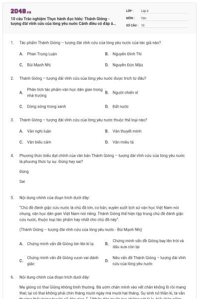10 câu Trắc nghiệm Thực hành đọc hiểu: Thánh Gióng - tượng đài vĩnh cửu của lòng yêu nước Cánh diều có đáp án (Phần 2)
