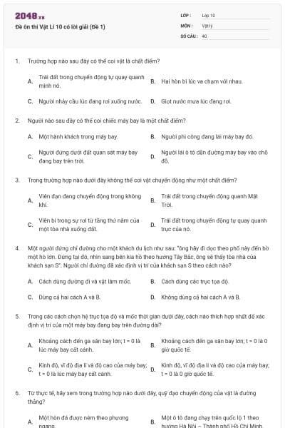 Đề ôn thi Vật Lí 10 có lời giải (Đề 1)